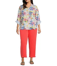 John Mark Plus Size Allover Pantone Swatch Print Point Collar 3/4 Cinched Sleeve Button Front Shirt