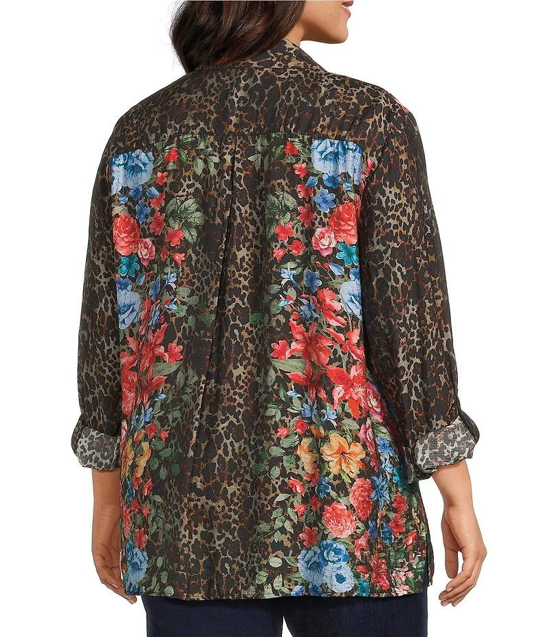 John Mark Plus Size Animal Skin Floral Multi Print Point Collar Long Roll-Tab Sleeve Button Front Tunic