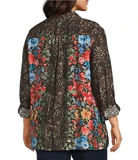 John Mark Plus Size Animal Skin Floral Multi Print Point Collar Long Roll-Tab Sleeve Button Front Tunic
