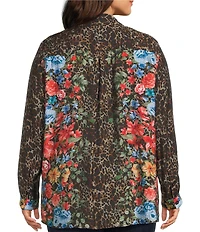 John Mark Plus Size Animal Skin Floral Multi Print Point Collar Long Roll-Tab Sleeve Button Front Tunic