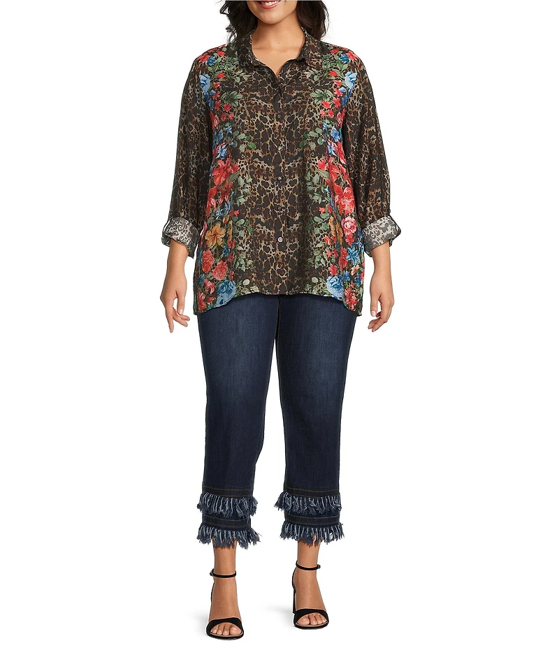 John Mark Plus Size Animal Skin Floral Multi Print Point Collar Long Roll-Tab Sleeve Button Front Tunic