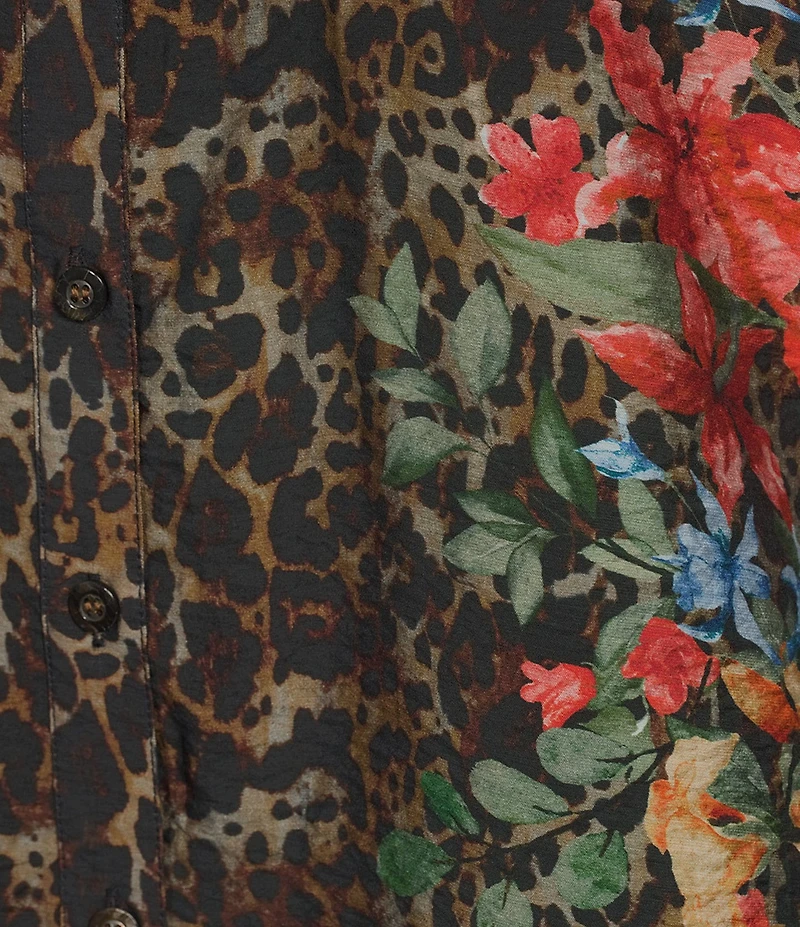 John Mark Plus Size Animal Skin Floral Multi Print Point Collar Long Roll-Tab Sleeve Button Front Tunic