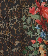 John Mark Plus Size Animal Skin Floral Multi Print Point Collar Long Roll-Tab Sleeve Button Front Tunic