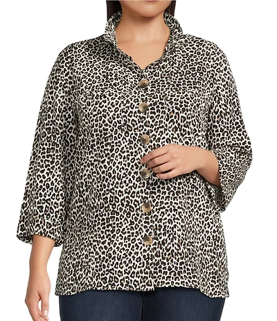 John Mark Plus Size Cheetah Print Wire Neck 3/4 Sleeve Button-Front Camp Shirt