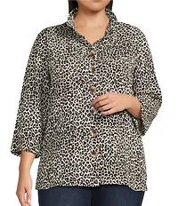 John Mark Plus Size Cheetah Print Wire Neck 3/4 Sleeve Button-Front Camp Shirt