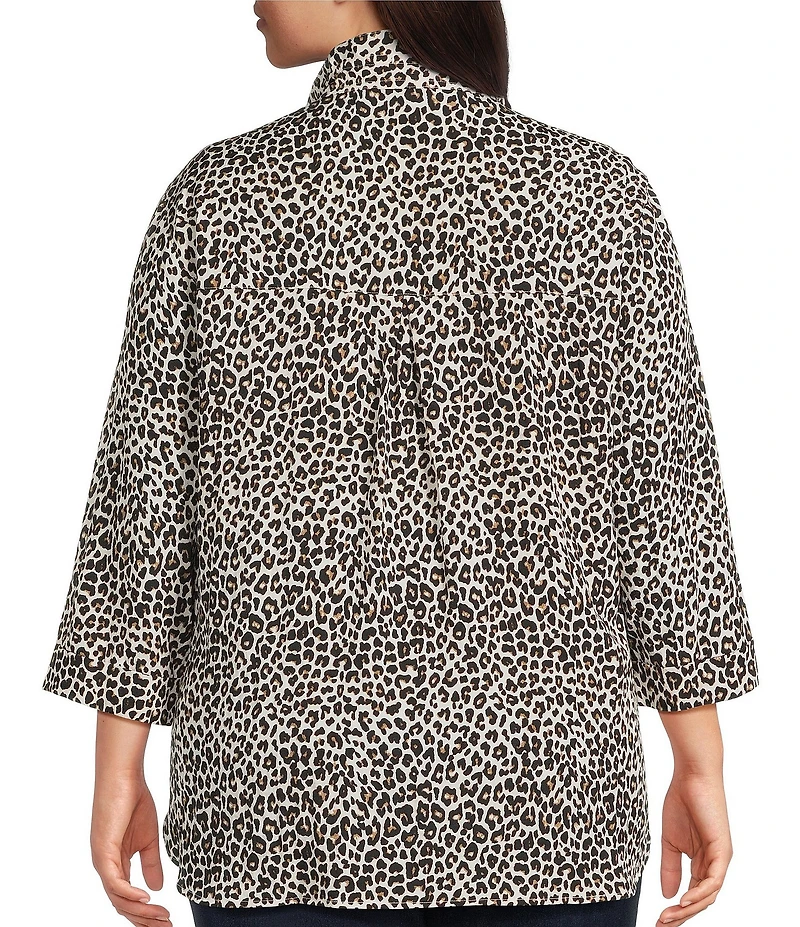 John Mark Plus Size Cheetah Print Wire Neck 3/4 Sleeve Button-Front Camp Shirt