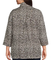 John Mark Plus Size Cheetah Print Wire Neck 3/4 Sleeve Button-Front Camp Shirt
