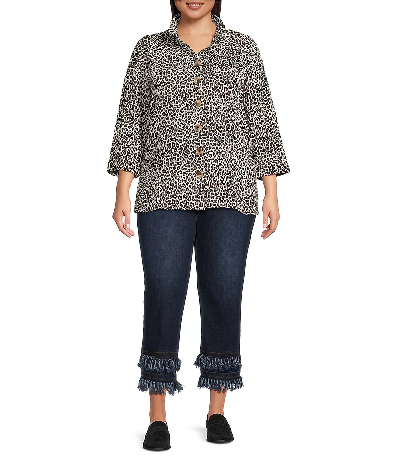 John Mark Plus Size Cheetah Print Wire Neck 3/4 Sleeve Button-Front Camp Shirt