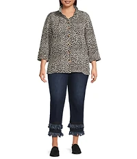 John Mark Plus Size Cheetah Print Wire Neck 3/4 Sleeve Button-Front Camp Shirt