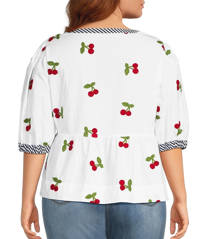 John Mark Plus Size Cherry Embroidered Gingham Trim Split Round Neck 3/4 Puff Sleeve Peplum Top