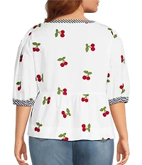 John Mark Plus Size Cherry Embroidered Gingham Trim Split Round Neck 3/4 Puff Sleeve Peplum Top