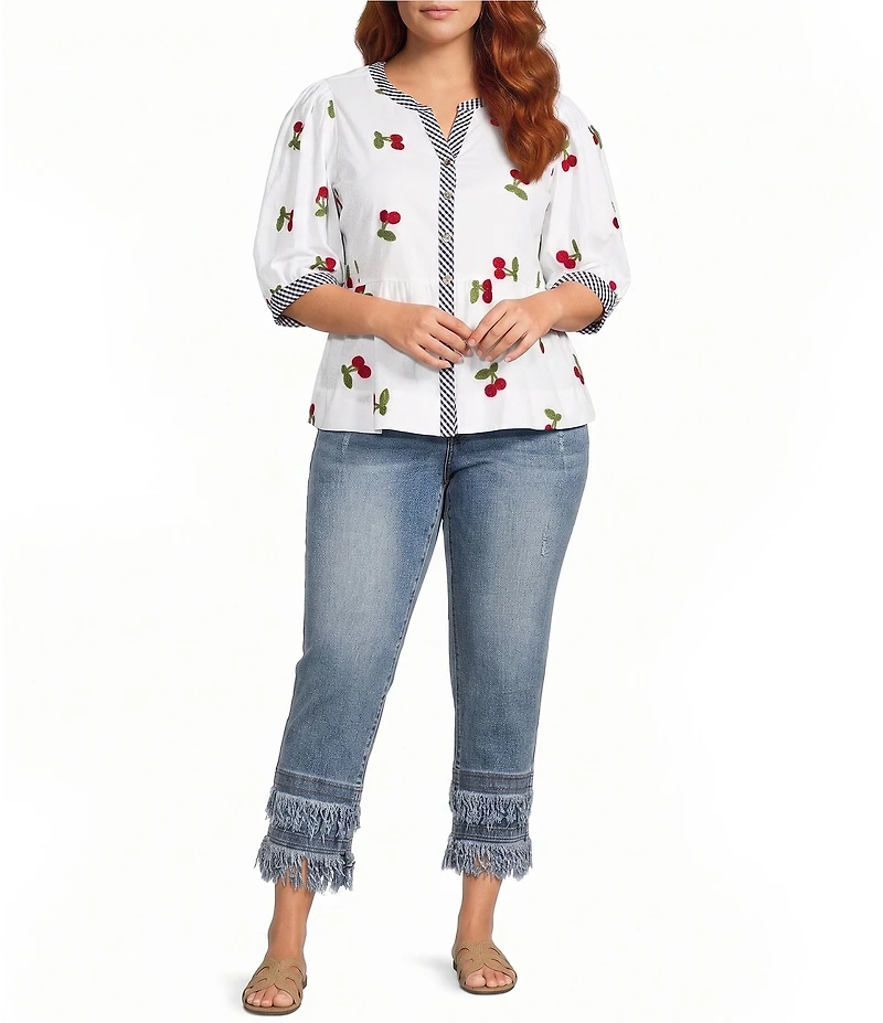 John Mark Plus Size Cherry Embroidered Gingham Trim Split Round Neck 3/4 Puff Sleeve Peplum Top