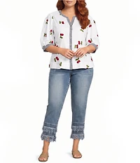 John Mark Plus Size Cherry Embroidered Gingham Trim Split Round Neck 3/4 Puff Sleeve Peplum Top
