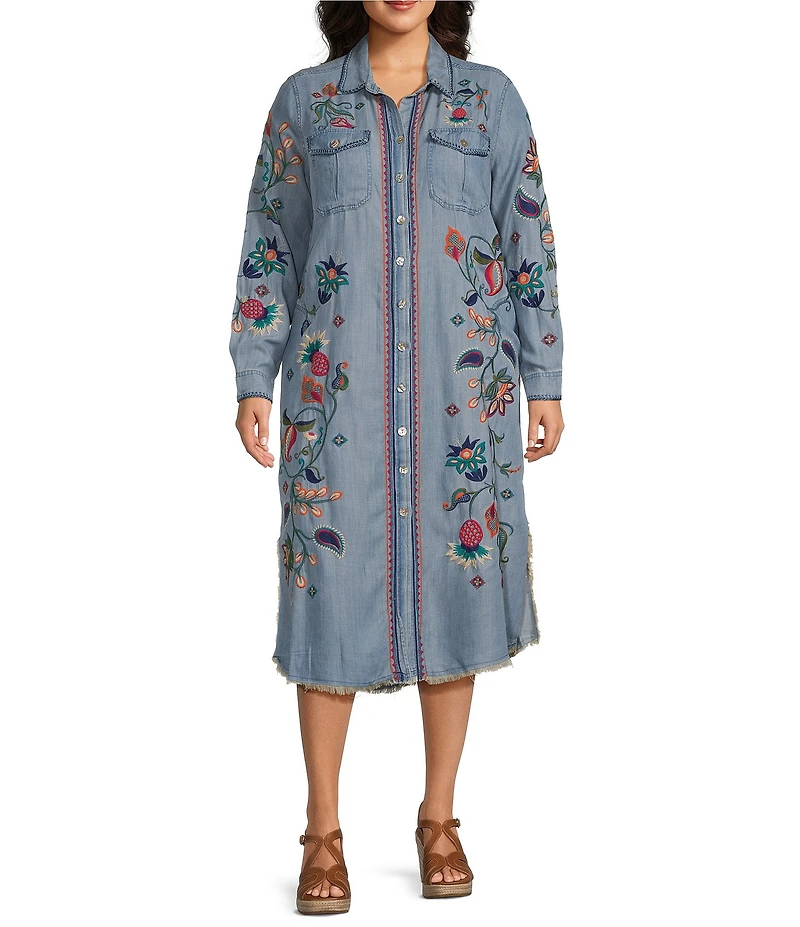 John Mark Plus Size Denim Floral Paisley Embroidered Point Collar Roll Tab Sleeve Button Front Shirtdress