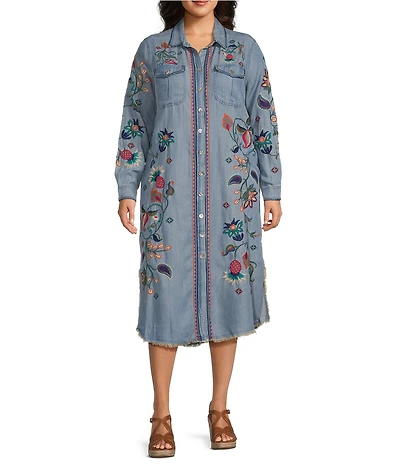 John Mark Plus Size Denim Floral Paisley Embroidered Point Collar Roll Tab Sleeve Button Front Shirtdress