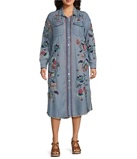 John Mark Plus Size Denim Floral Paisley Embroidered Point Collar Roll Tab Sleeve Button Front Shirtdress