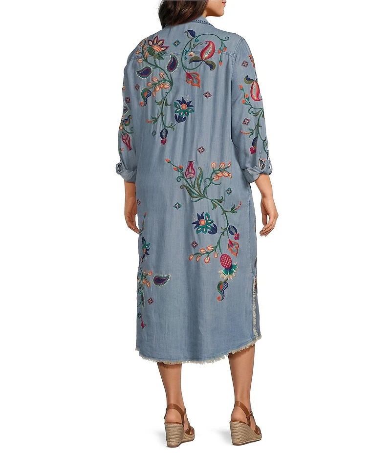 John Mark Plus Size Denim Floral Paisley Embroidered Point Collar Roll Tab Sleeve Button Front Shirtdress