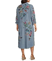 John Mark Plus Size Denim Floral Paisley Embroidered Point Collar Roll Tab Sleeve Button Front Shirtdress