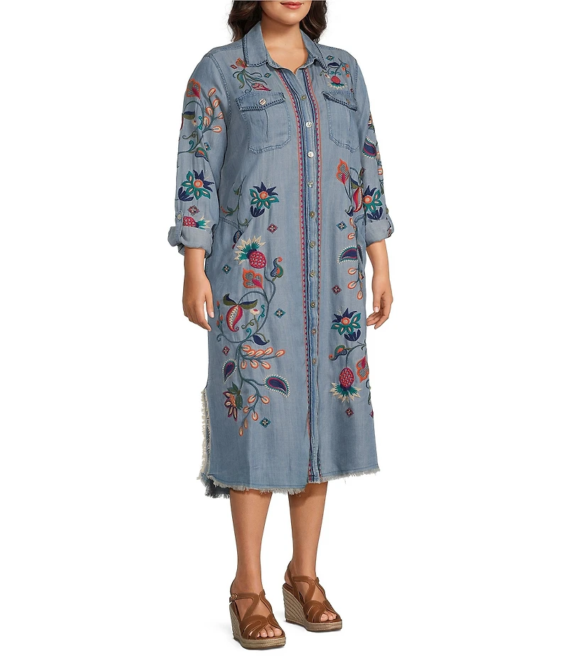 John Mark Plus Size Denim Floral Paisley Embroidered Point Collar Roll Tab Sleeve Button Front Shirtdress