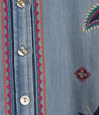 John Mark Plus Size Denim Floral Paisley Embroidered Point Collar Roll Tab Sleeve Button Front Shirtdress