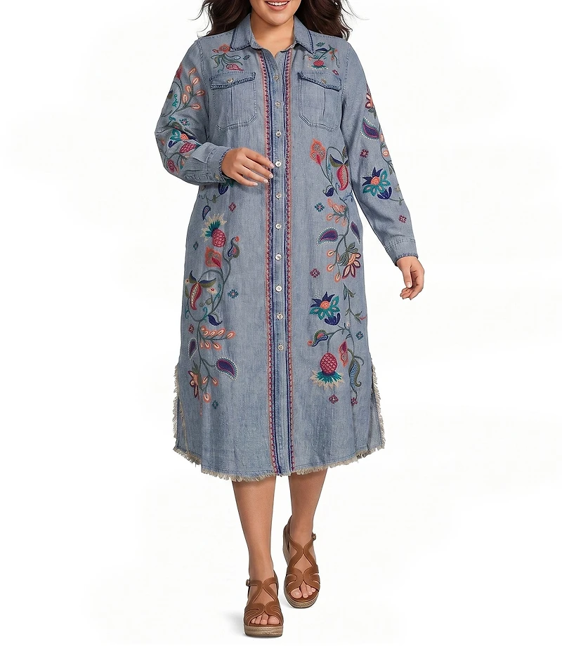 John Mark Plus Size Denim Floral Paisley Embroidered Point Collar Roll Tab Sleeve Button Front Shirtdress