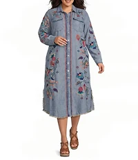 John Mark Plus Size Denim Floral Paisley Embroidered Point Collar Roll Tab Sleeve Button Front Shirtdress