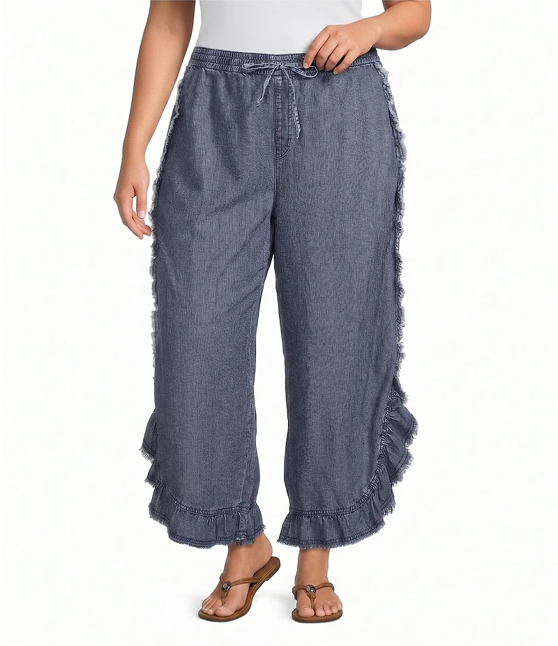 John Mark Plus Size Denim Ruffle Petal Fringe Tie Front Wide Leg Pants