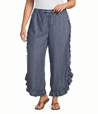 John Mark Plus Size Denim Ruffle Petal Fringe Tie Front Wide Leg Pants