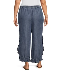 John Mark Plus Size Denim Ruffle Petal Fringe Tie Front Wide Leg Pants