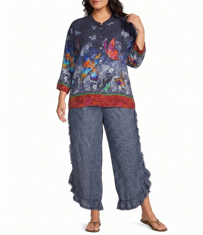 John Mark Plus Size Denim Ruffle Petal Fringe Tie Front Wide Leg Pants