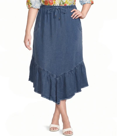 John Mark Plus Size Denim Smocked Waist Ruffle Frayed Hem Midi Skirt