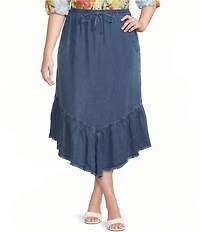 John Mark Plus Size Denim Smocked Waist Ruffle Frayed Hem Midi Skirt