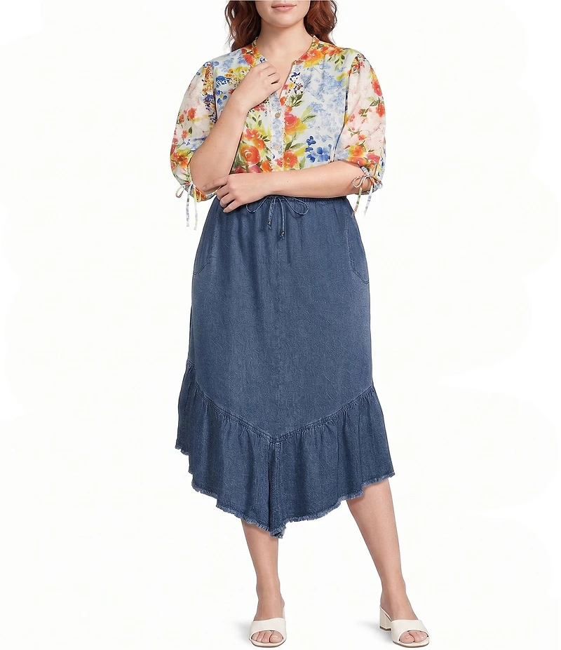 John Mark Plus Size Denim Smocked Waist Ruffle Frayed Hem Midi Skirt