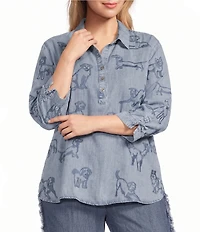 John Mark Plus Size Dog Embroidered Wire Collar 3/4 Cinched Sleeve Tunic