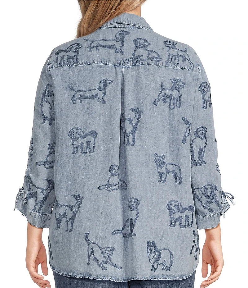 John Mark Plus Size Dog Embroidered Wire Collar 3/4 Cinched Sleeve Tunic