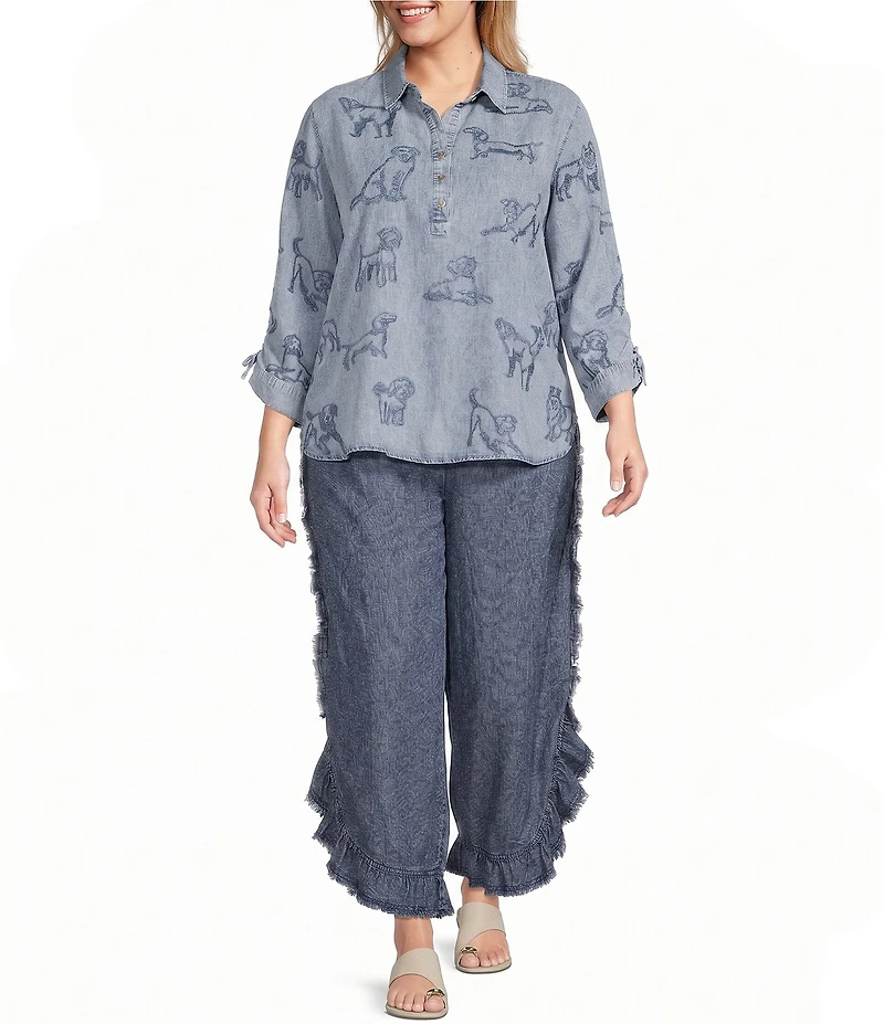 John Mark Plus Size Dog Embroidered Wire Collar 3/4 Cinched Sleeve Tunic
