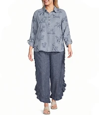 John Mark Plus Size Dog Embroidered Wire Collar 3/4 Cinched Sleeve Tunic
