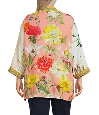 John Mark Plus Size Embroidered 3/4 Sleeve Floral Abstract Kimono