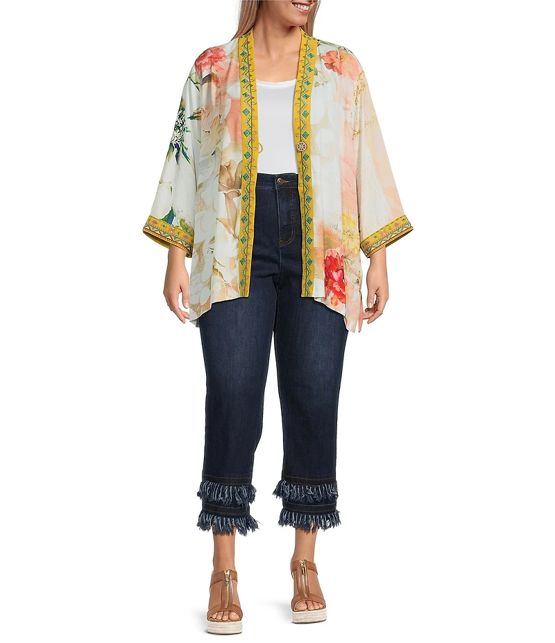 John Mark Plus Size Embroidered 3/4 Sleeve Floral Abstract Kimono