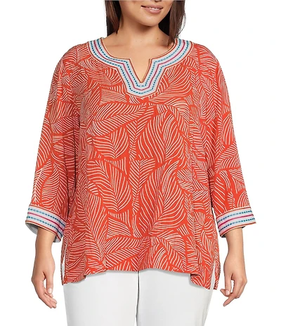 John Mark Plus Size Embroidered Allover Tropical Leaf Print Split V-Neck 3/4 Sleeve Tunic