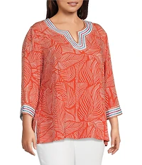 John Mark Plus Size Embroidered Allover Tropical Leaf Print Split V-Neck 3/4 Sleeve Tunic