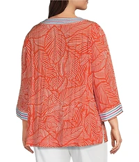 John Mark Plus Size Embroidered Allover Tropical Leaf Print Split V-Neck 3/4 Sleeve Tunic