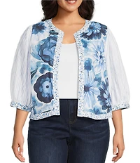 John Mark Plus Size Embroidered Band Collar 3/4 Sleeve Open-Front Reversible Jacket