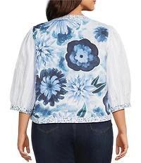 John Mark Plus Size Embroidered Band Collar 3/4 Sleeve Open-Front Reversible Jacket
