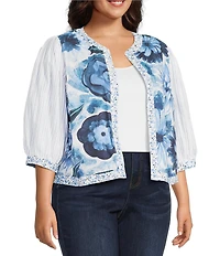 John Mark Plus Size Embroidered Band Collar 3/4 Sleeve Open-Front Reversible Jacket