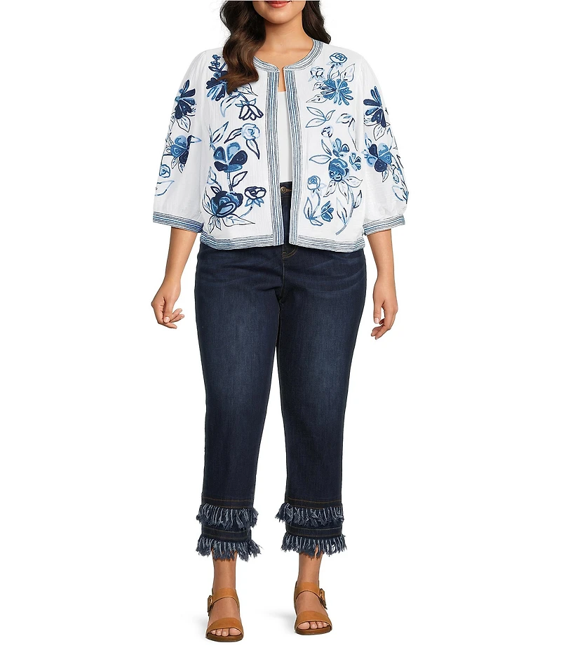 John Mark Plus Size Embroidered Band Collar 3/4 Sleeve Open-Front Reversible Jacket