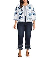 John Mark Plus Size Embroidered Band Collar 3/4 Sleeve Open-Front Reversible Jacket