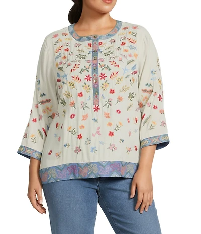 John Mark Plus Size Embroidered Banded Collar 3/4 Sleeve Tunic