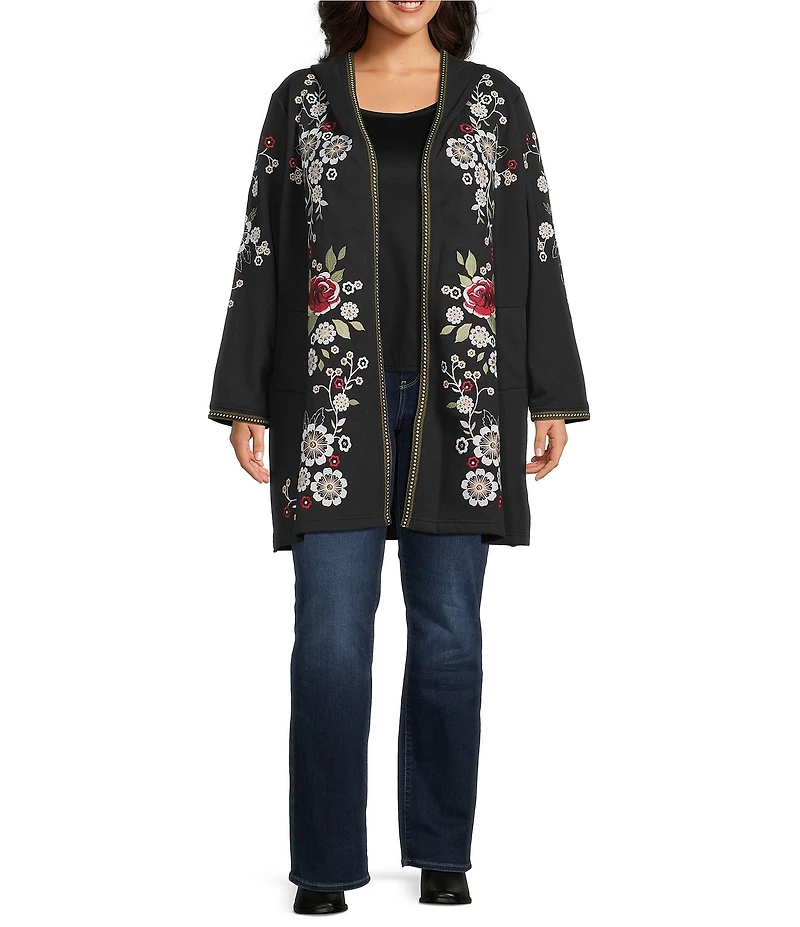 John Mark Plus Size Embroidered Beaded Long Sleeve Open-Front Hooded Cardigan