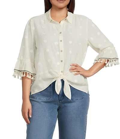 John Mark Plus Size Embroidered Dots Tassel Trim Point Collar 3/4 Sleeve Button Tie-Front Blouse